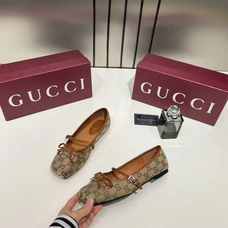 Gucci GG Canvas Strap Ballet Flats Signature Monogram Pattern Bow With OG Box & Carry Bag 8058-6 Apricot - Image 3