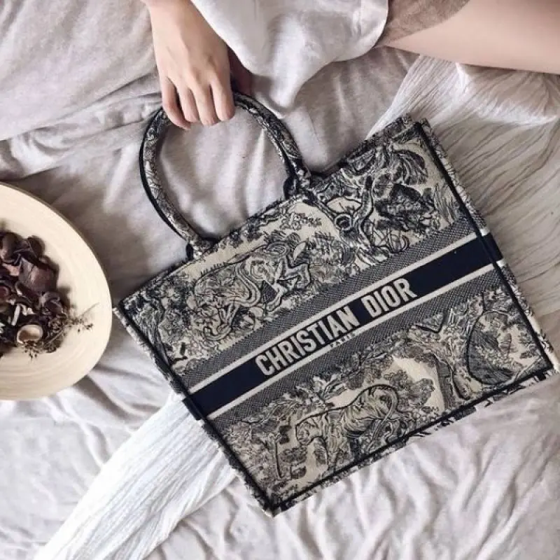 Dior Book Tote Black Toile De Jouy With OG Box & Dust Bag & Scarf (Black Tiger - 573) - Image 5