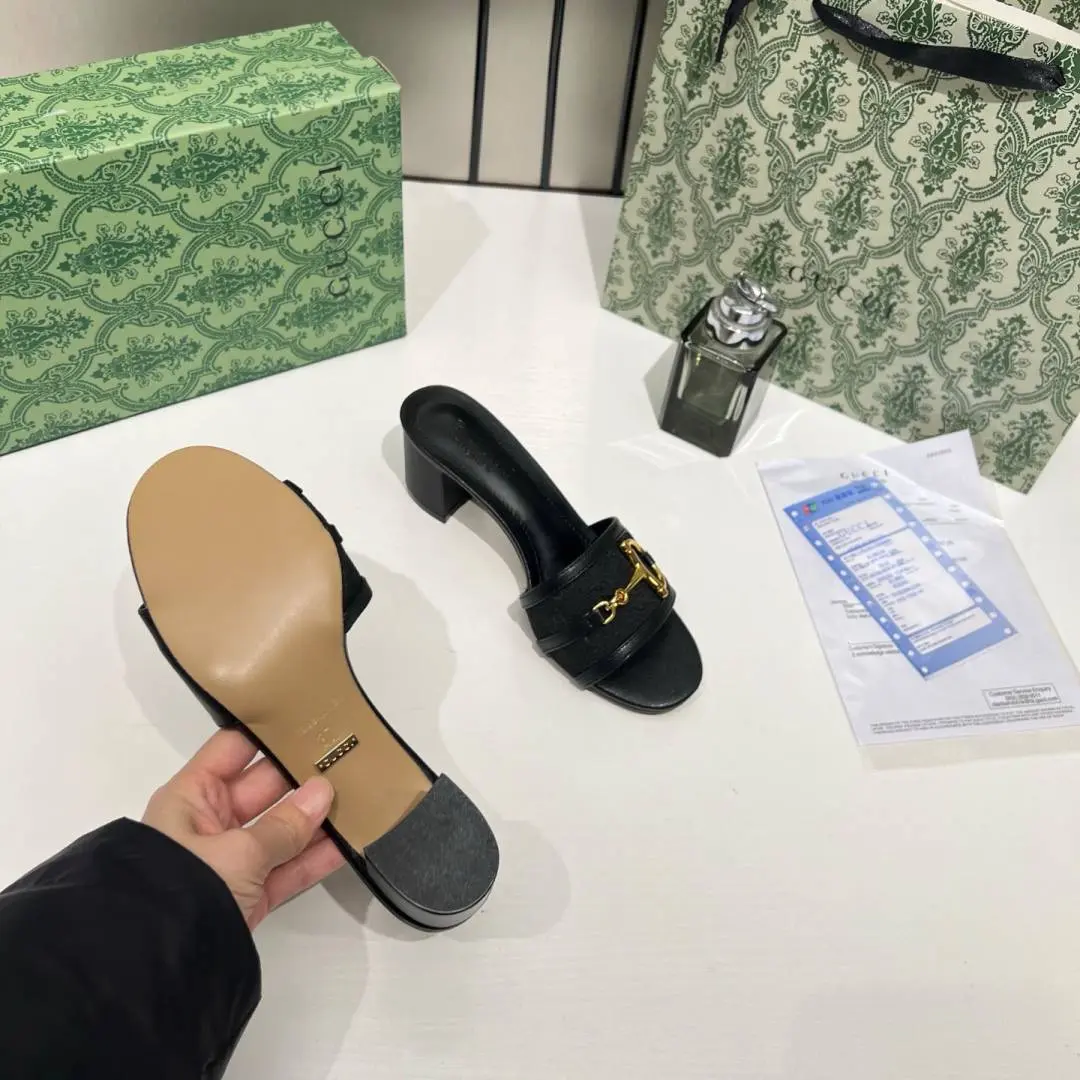 Gucci Horsebit Slide Sandals Mid Heel Iconic GG Canvas With OG Box & Carry Bag 1295-2 Black - Image 5