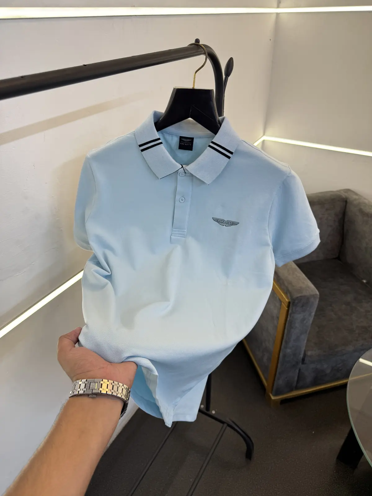 Hackett sky blue imported polo tshirt with black rib and chest logo sale - Image 2