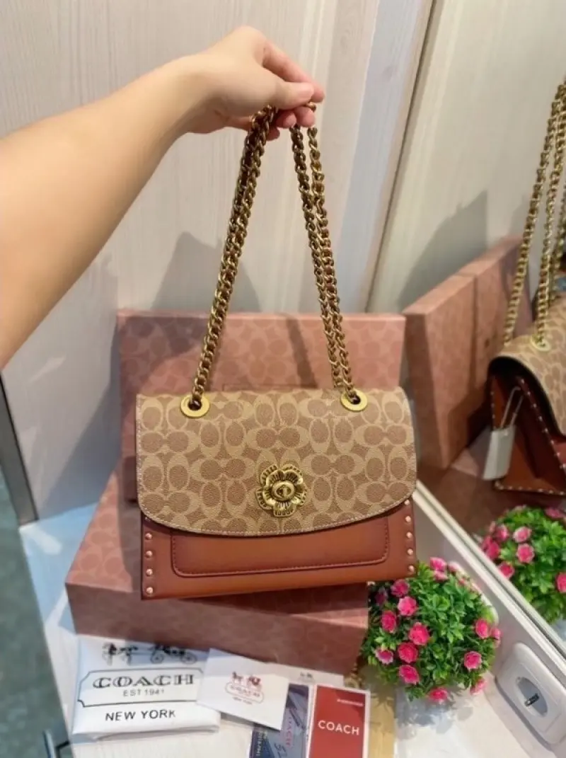 Coach Parker Studded Premium Shoulder Bag With OG Box & Dust Bag (Brown-330) - Image 3