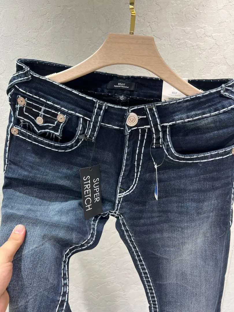 True Religion Blue Shade Bootcut Fit Premium Imported Fabric Denim with Back Flap pockets and Embroidered work 4541-4600 - Image 4
