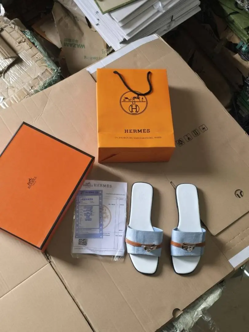 Hermmes Paris Birkin Premium Flats With OG Box & Carry Bag (Blue White - 885) - Image 2