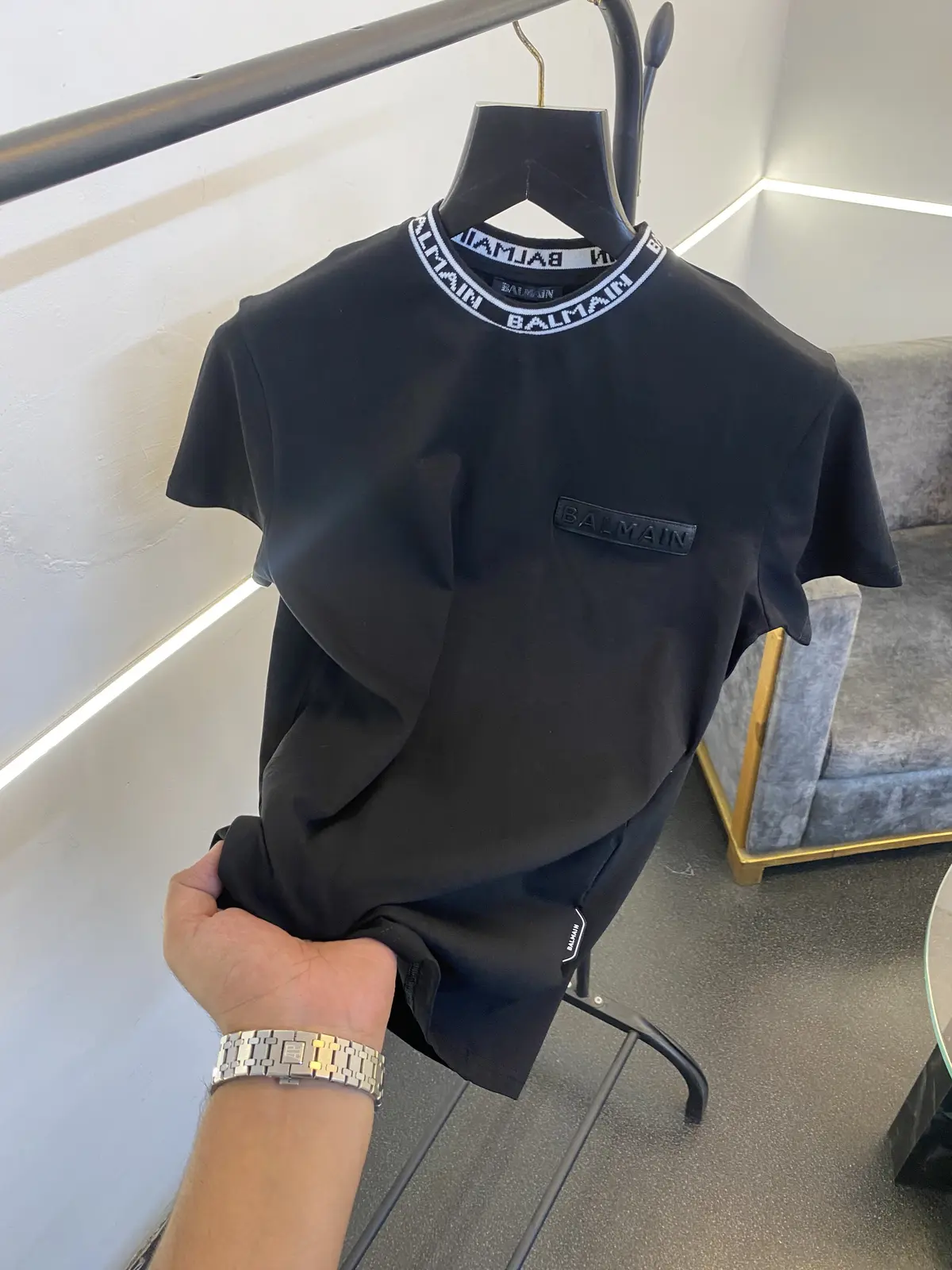 Balmain turkey imported round neck with knitted collar with chest logo black sale - Image 2