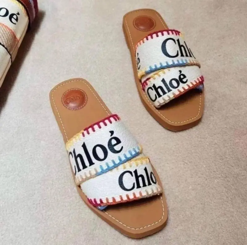 Chloe Woody Flats Slide With OG Box & Dust Bag (White Multi - 755) - Image 2