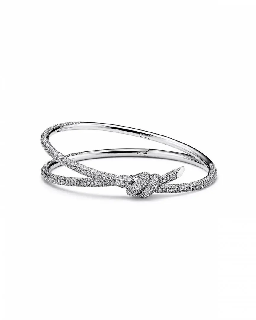 Tiffany & Cco Silver Double Row Hinged Bangel In Silver With Diamonds