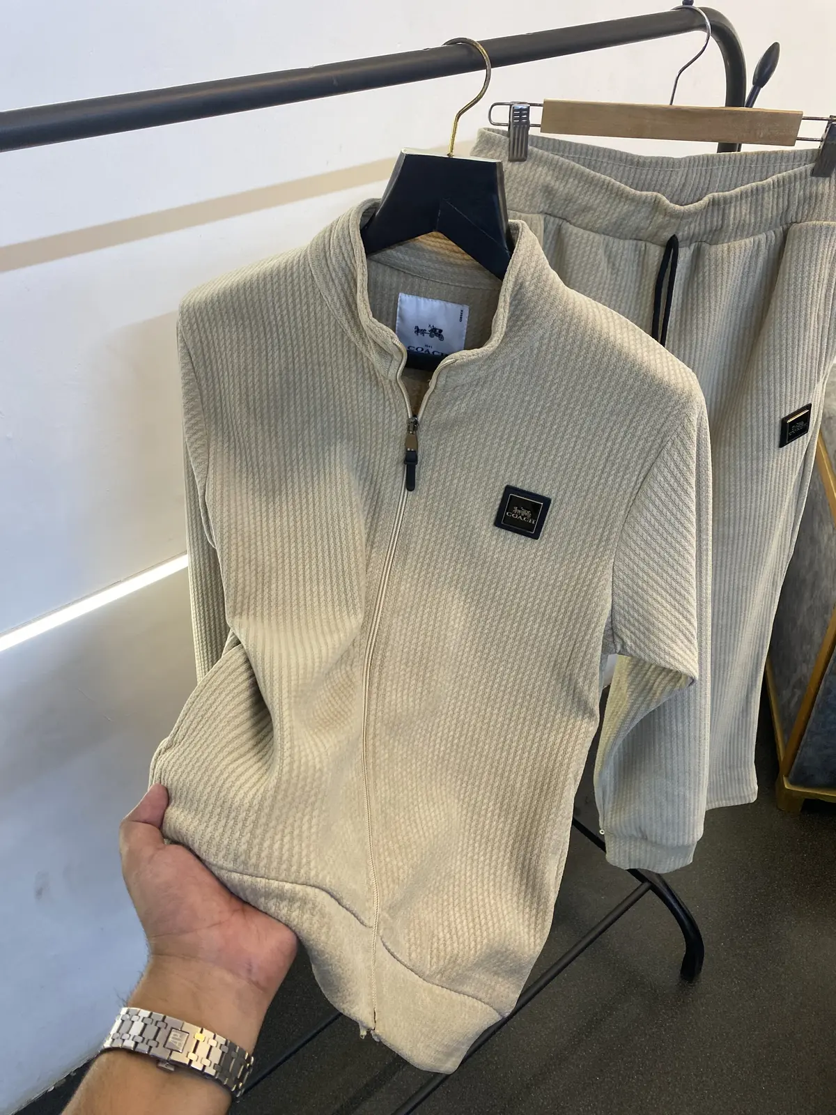 Coach imported tracksuit with brand zip and knitted fabric along with side pockets beige sale - Image 2