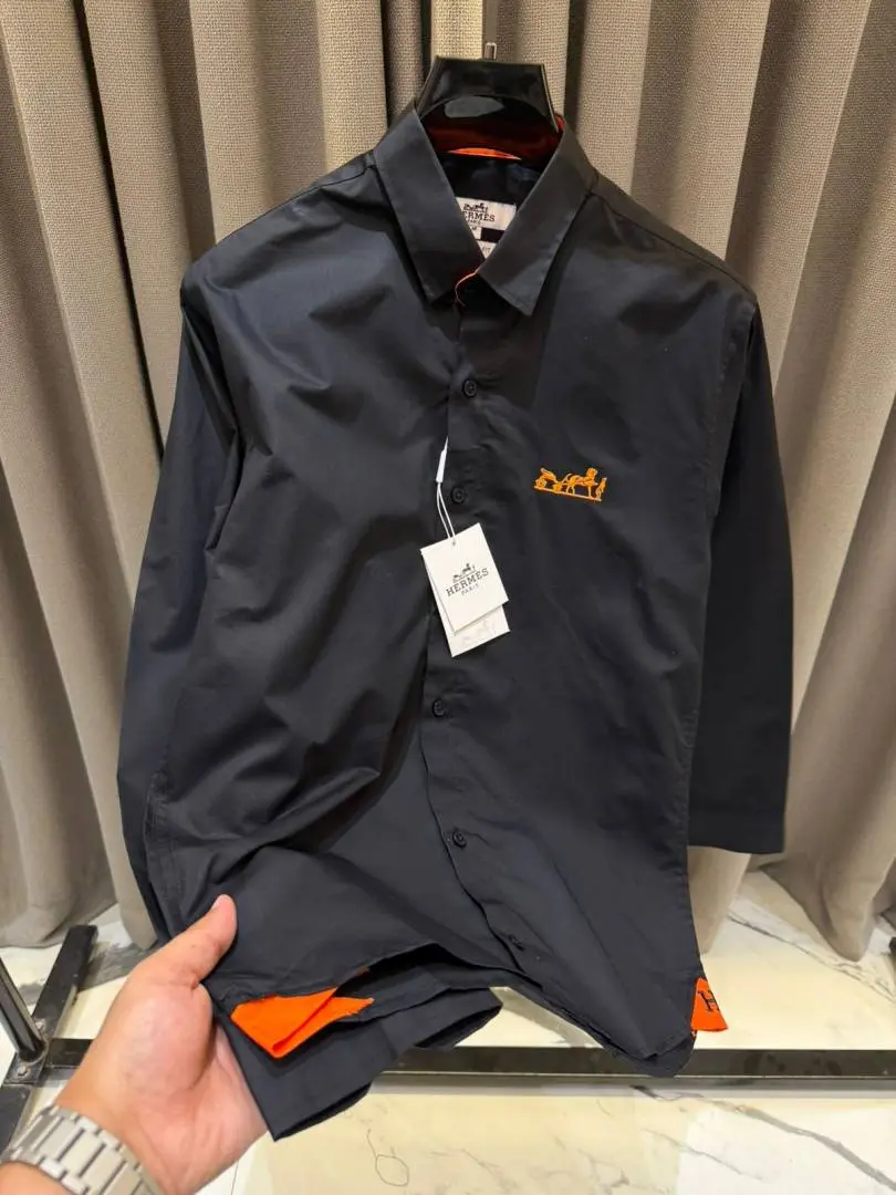 Hermes Chest Logo Full Sleeves Shirt Black - Image 6