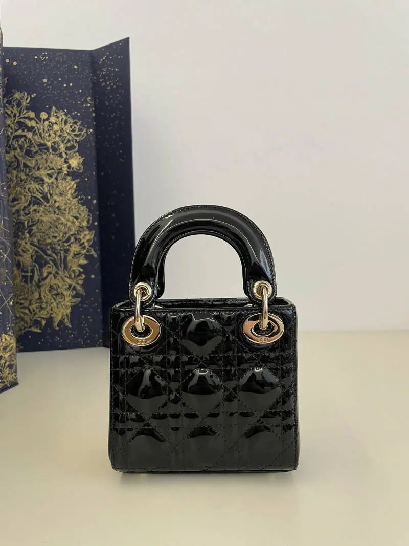 Dior CB Lady Nano Black Patent Leather With Original Box DustCover CarryBag & Ribbon - Image 10