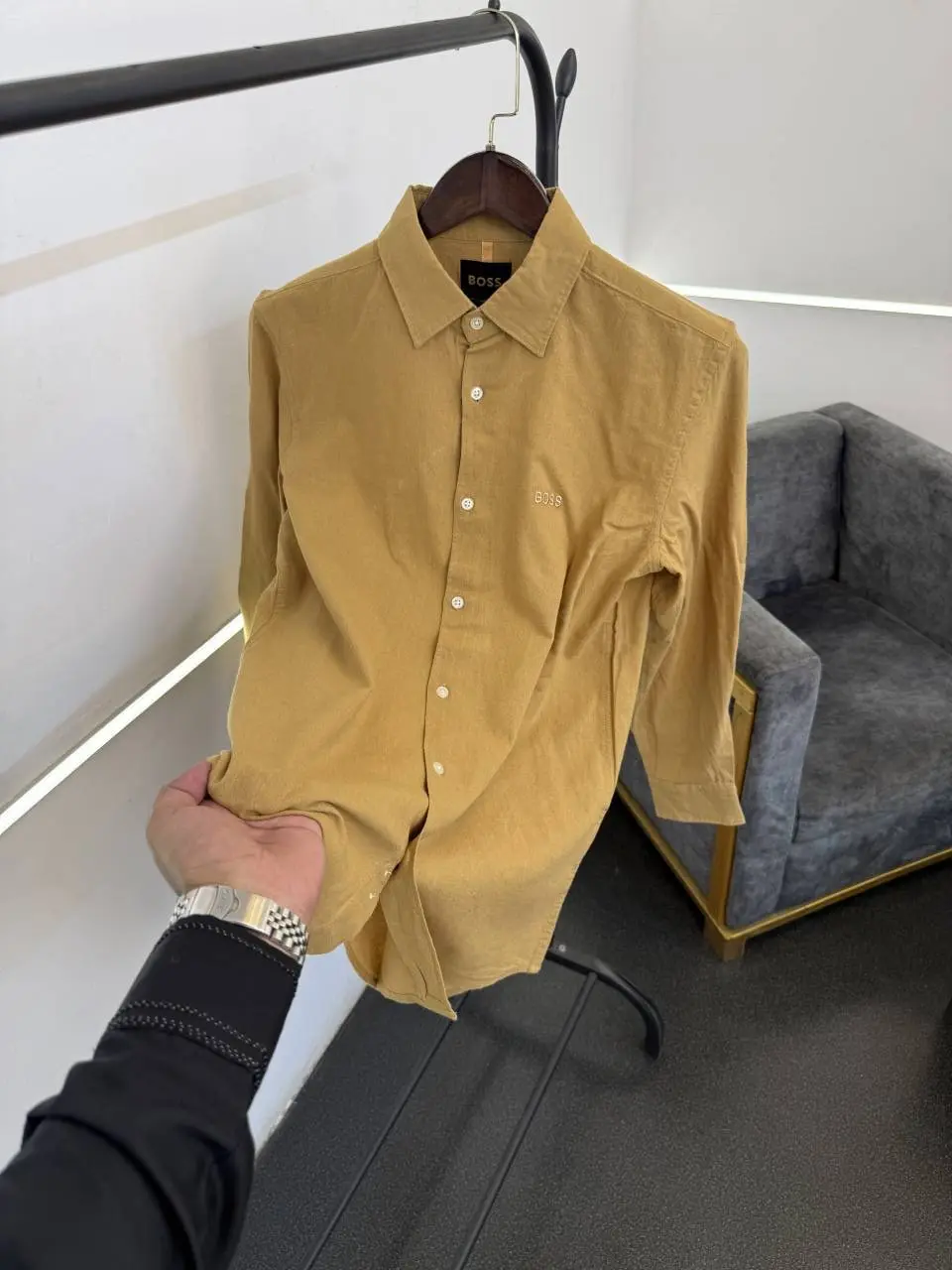 Hugo bos biscuit imported linen fabric shirt with embroidery logo - Image 2