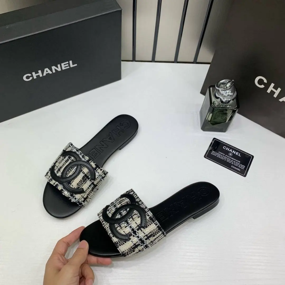 Chanel Tweed Fabric Slide Sandals With OG Box & Carry Bag Black CC Logo 1892 - Image 3