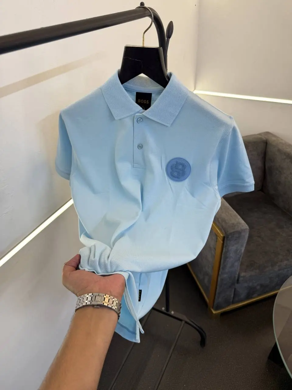 Hugo bos matty fabric imported polo tshirt white brand logo on chest sky blue sale - Image 2