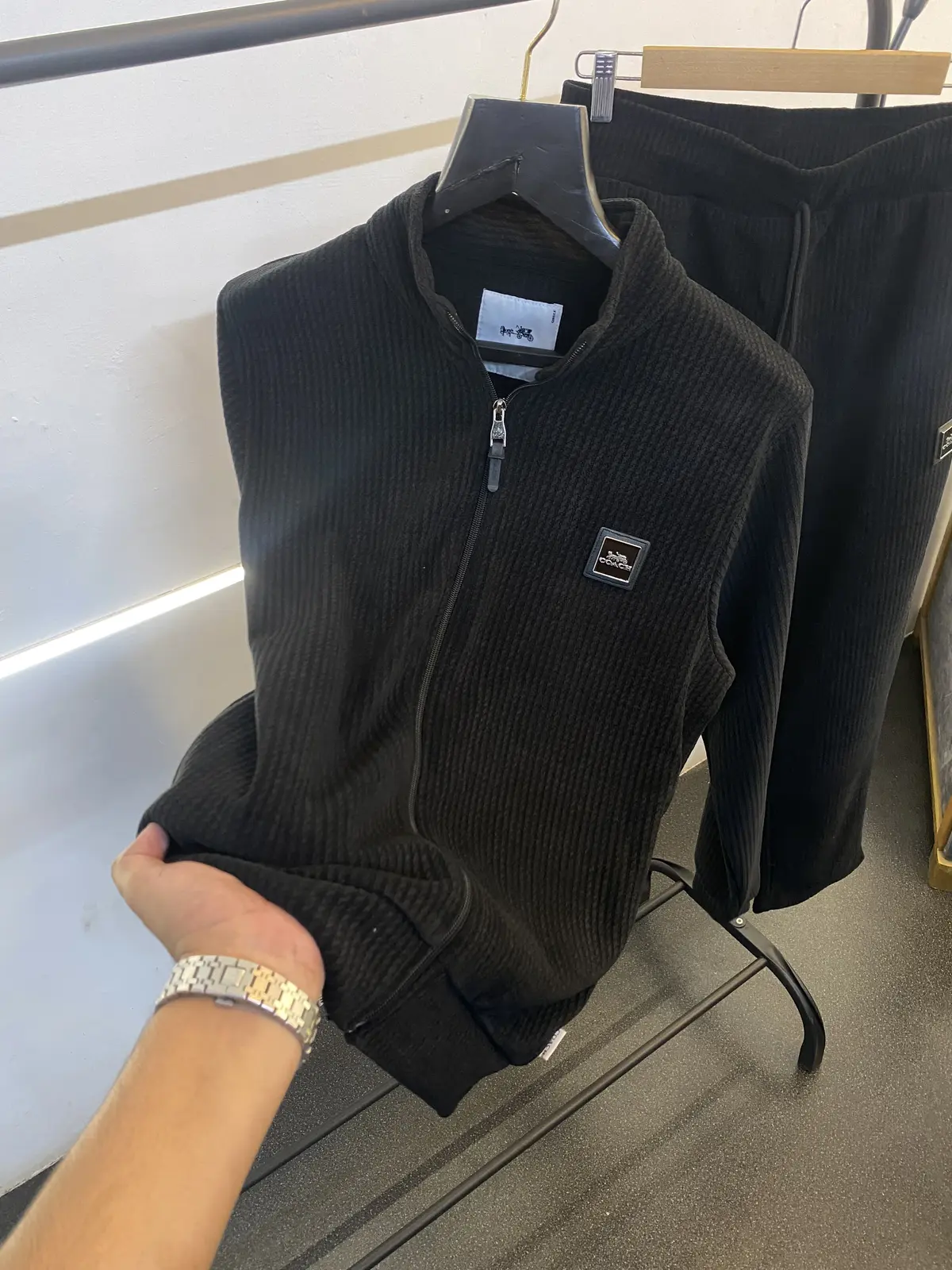 Coach imported tracksuit with brand zip and knitted fabric along with side pockets black sale - Image 2