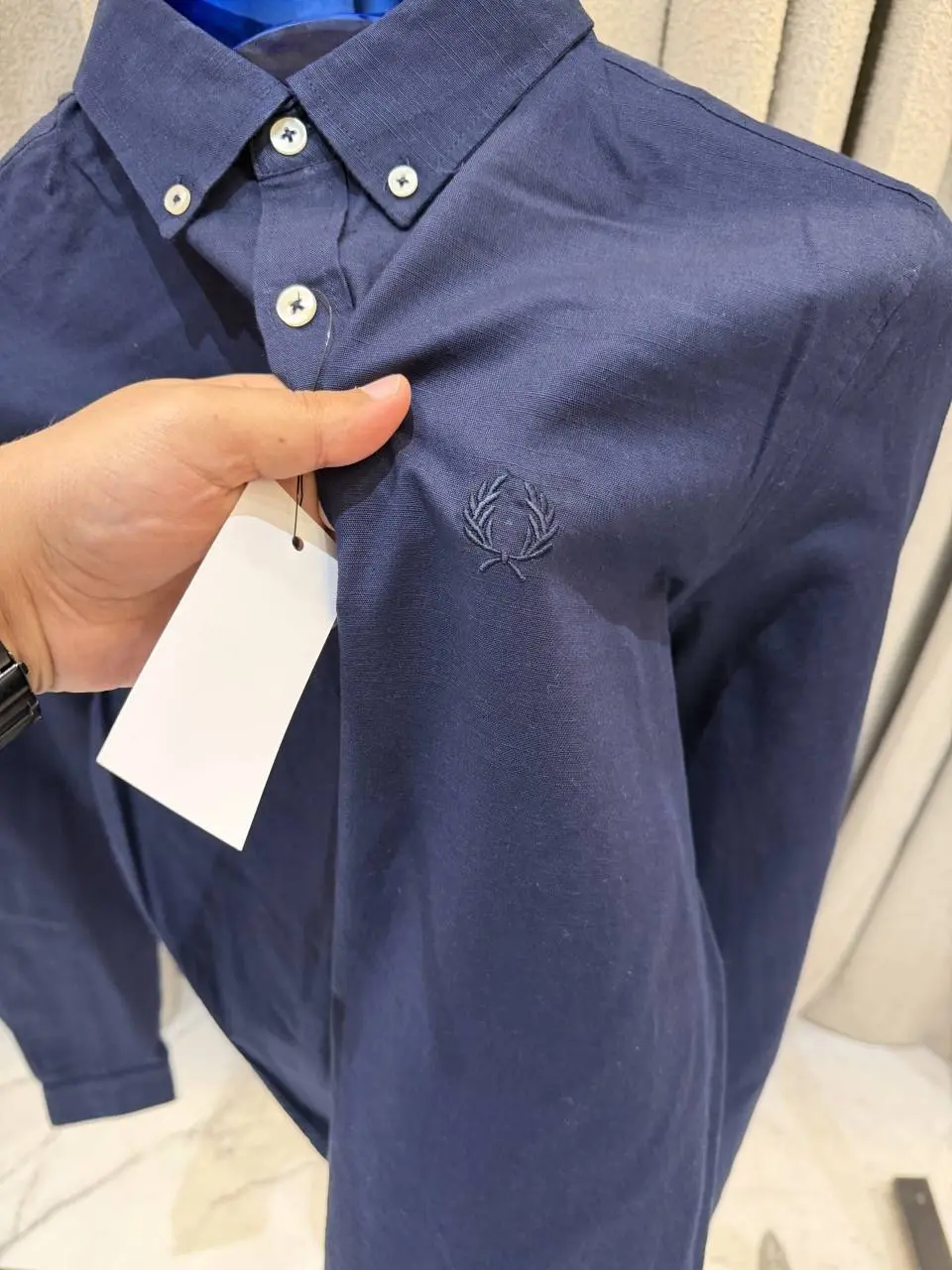 Fred Perry Navy Blue Premium Linen Shirt - Image 3