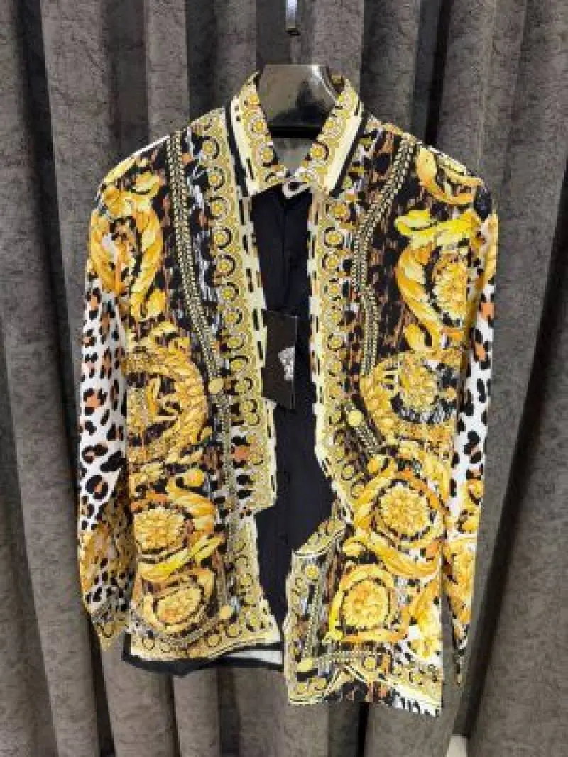 NO RETURN RAMZAN SPECIAL SALE VERSACEE BOROCCO SHIRT IMPORTED HALF SLEEVES GOLD WHITE - Image 2