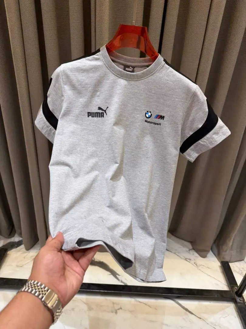 BMW Chest Logo Round Neck T shirt Grey - Image 3