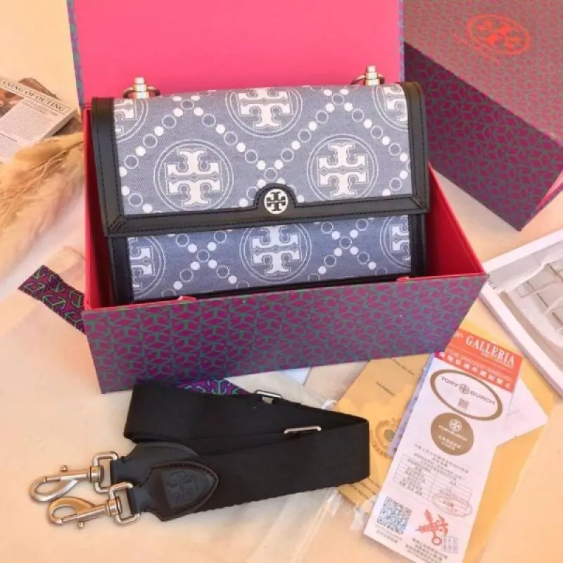 Tori Burch T Monogram Shoulder Bag With Adjustable Strap With OG Box & Dust Bag (Black - 616) - Image 4