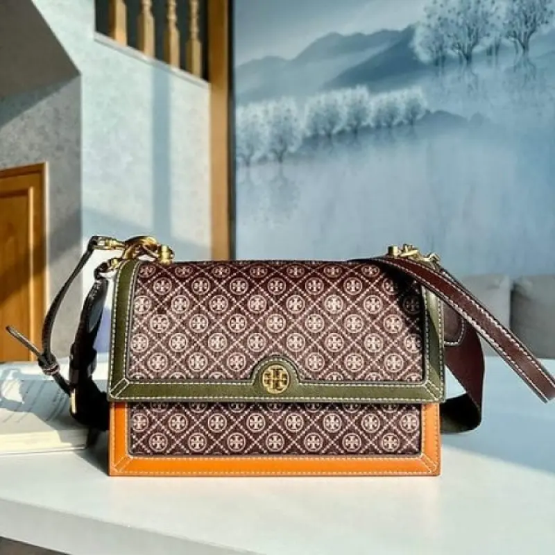 Tori Burch T Monogram Premium Leather Shoulder Bag With OG Box & Dust Bag & Accessories (Brown - 201) - Image 2
