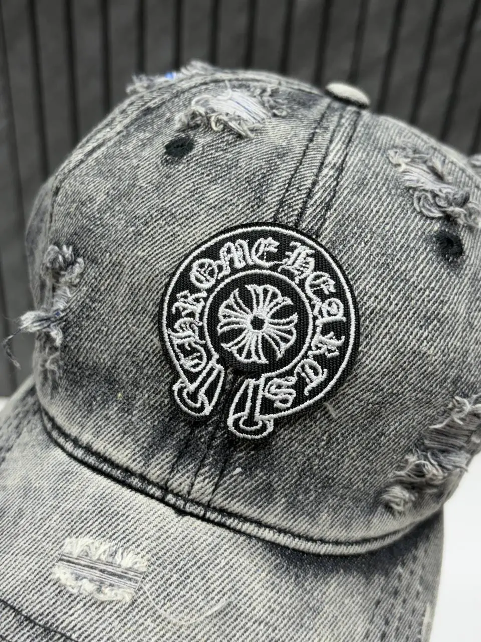 Chrome Hearts Ripped Denim Grey Premium Unisex Hat With Original Zip Polly Bag - Image 3