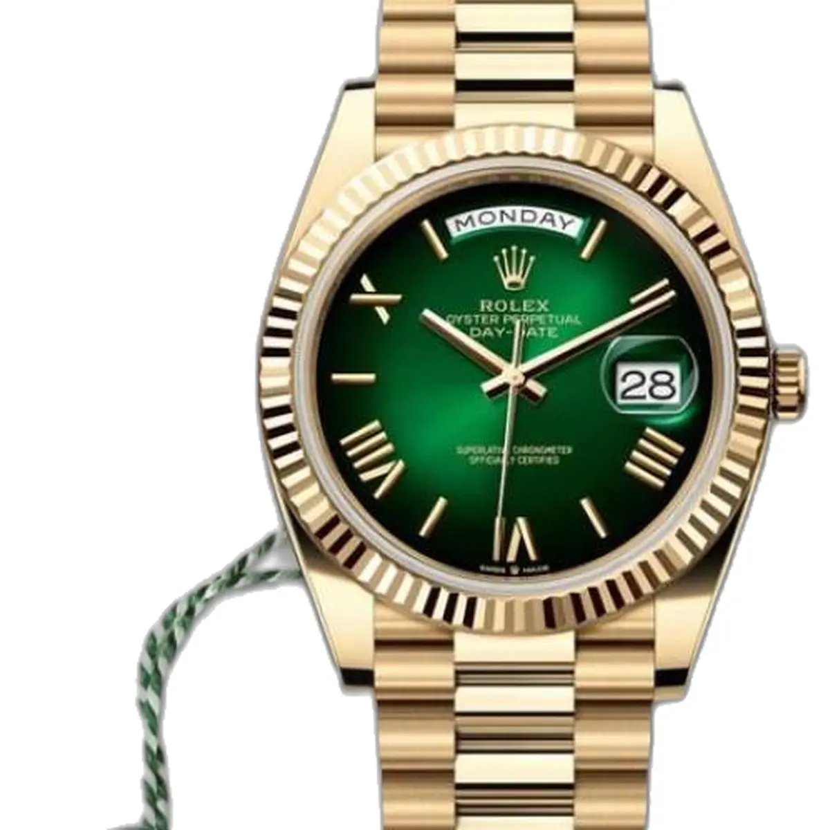 Rolex Oyster Perpetual Day Date 40 Battery Gold Green - dial close-up