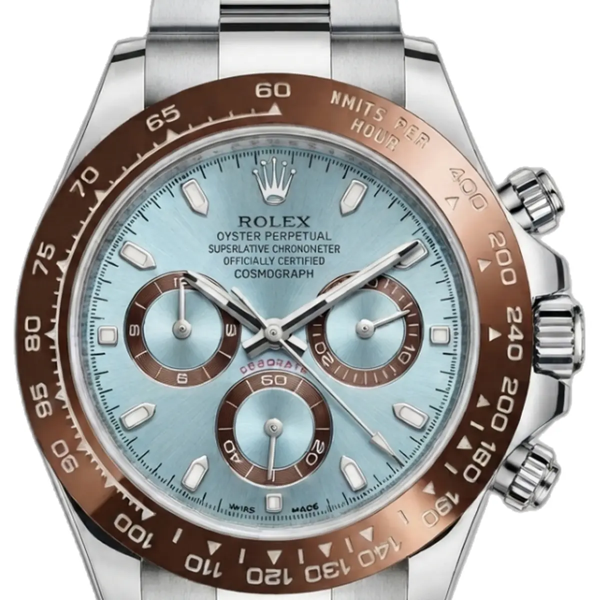 Rolex Daytona chronograph sky Blue platinum - dial close-up