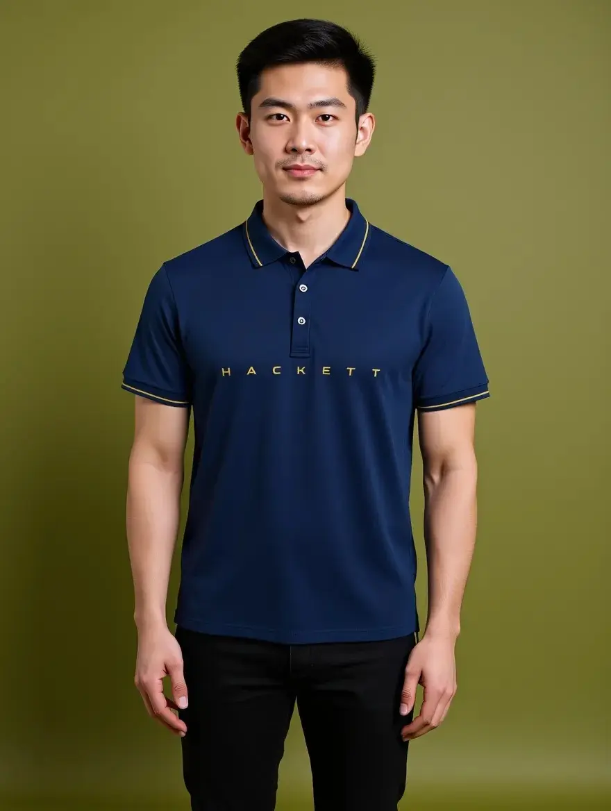 Hackett navy blue imported polo tshirt with brand zip and front name logo print sale - Image 2