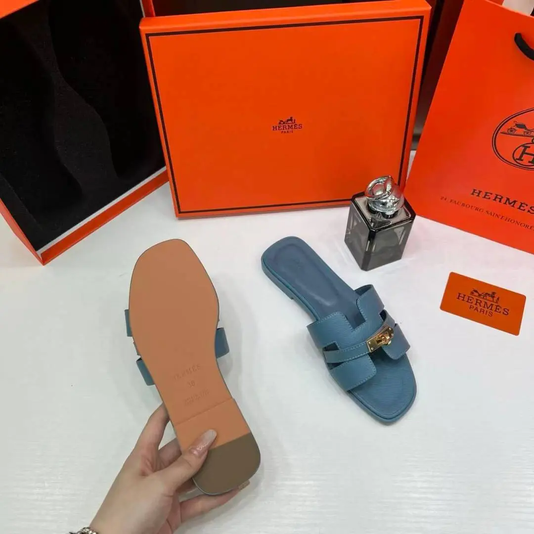 Hermes Paris Oran Flats For Her With OG Box & Carry Bag H38-41 Blue Jean Slide - Image 3