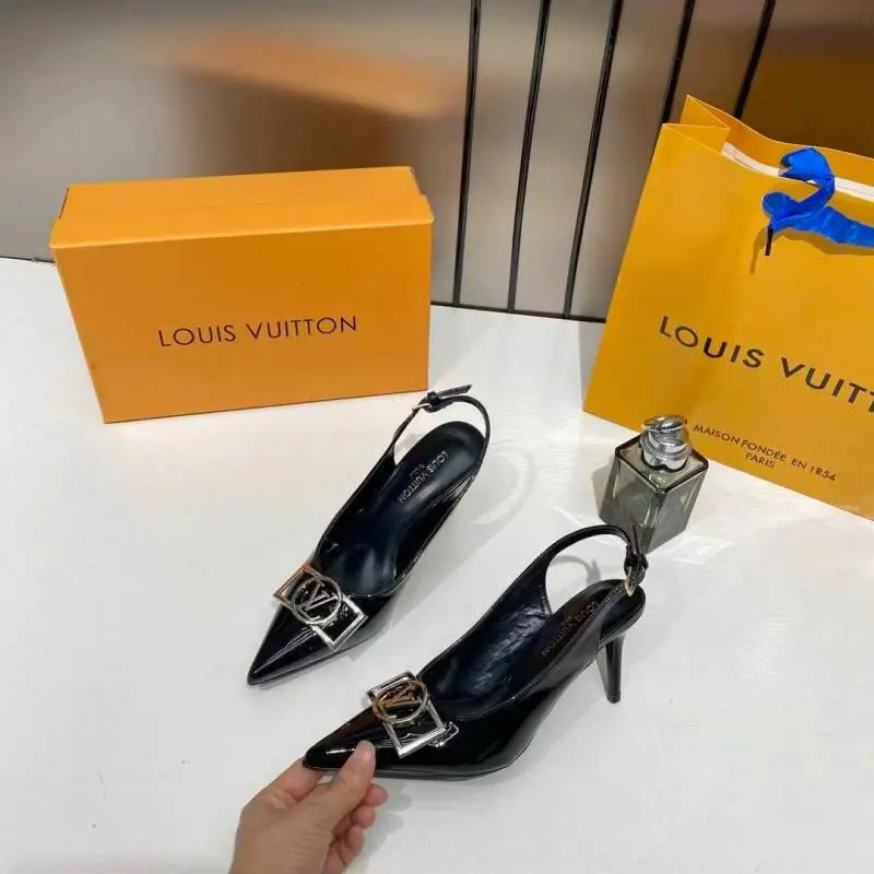 Louis Vuitton Black Patent Leather Slingback Pump Silver-tone Lv Logo Pointed Toe With OG Box & Carry Bag 936 Black - Image 2