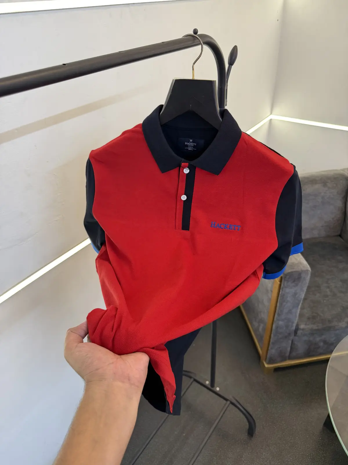Hackett red navy imported polo tshirt with embroidery front and back sale - Image 2