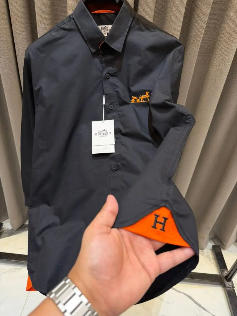 Hermes Chest Logo Full Sleeves Shirt Black - Image 5
