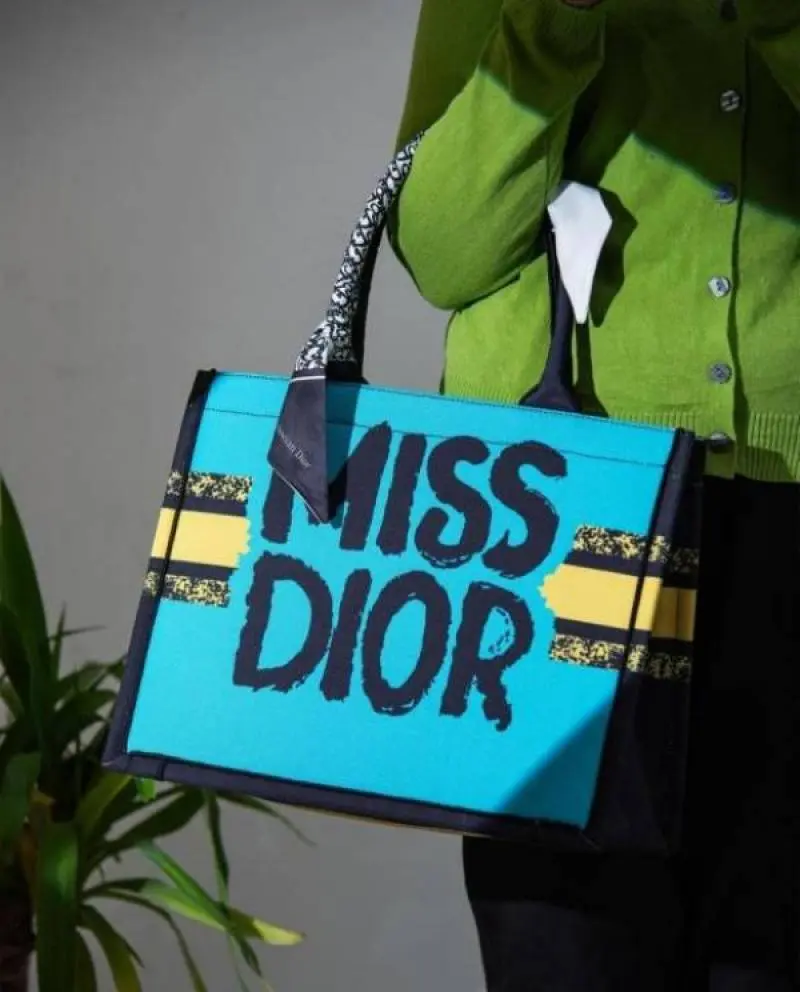 Miss Dioor Graffiti Book Large Tote With OG Box & Dust Bag & Scarf (Yellow Green - 1030) - Image 5