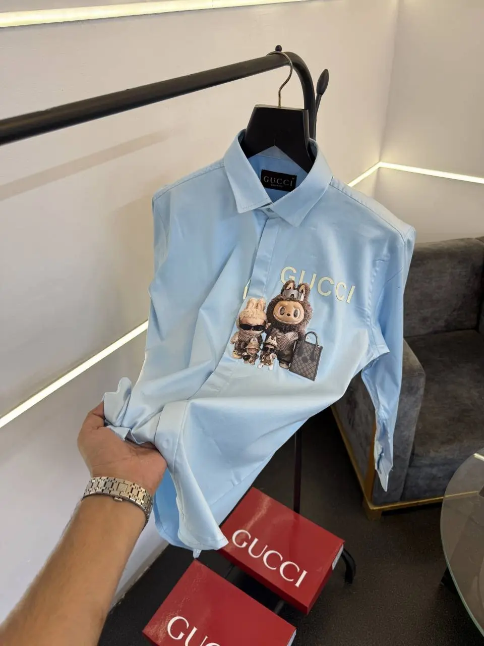 Gucci x labubu imported cotton satin shirt sky - Image 2