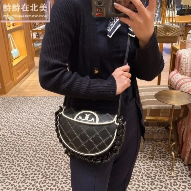 Tori Burch Fleming Crescent Premium Bag With OG Box & Dust Bag (Black White - 610) - Image 3