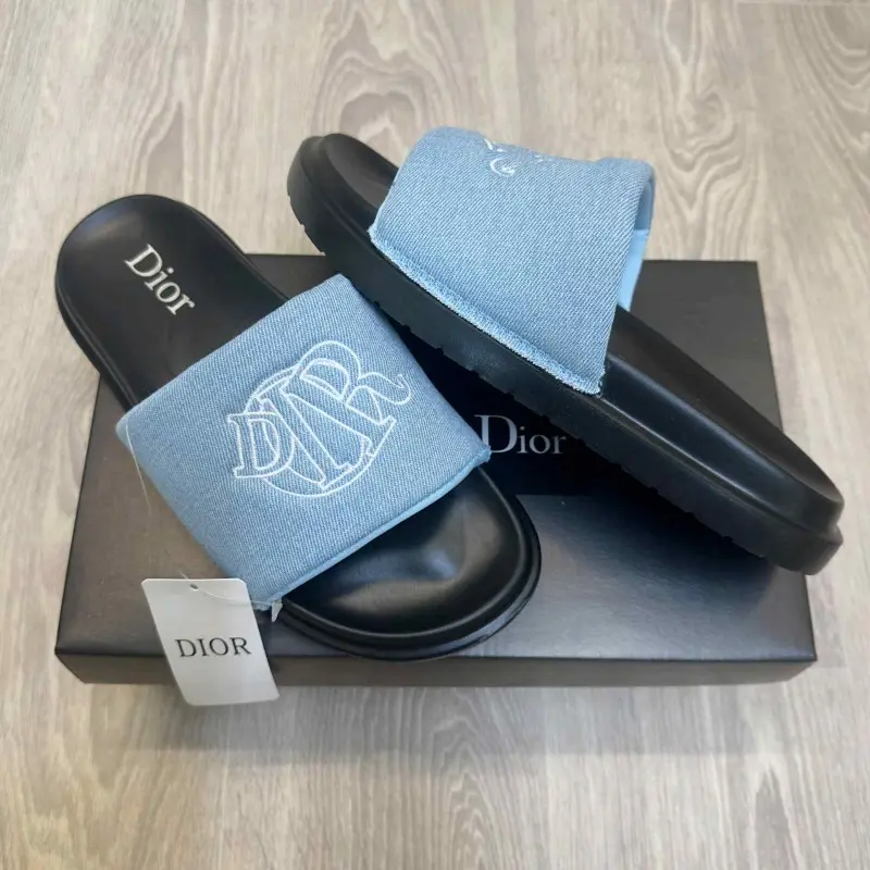 Christian Diyor Circular Embroidered Logo Premium Light Blue Black Slides