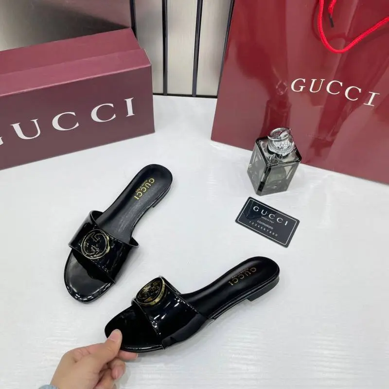 Gucci Round Interlocking G in Black Leather Shiny Classic Slides With OG Box & Carry Bag 1892 - Image 6