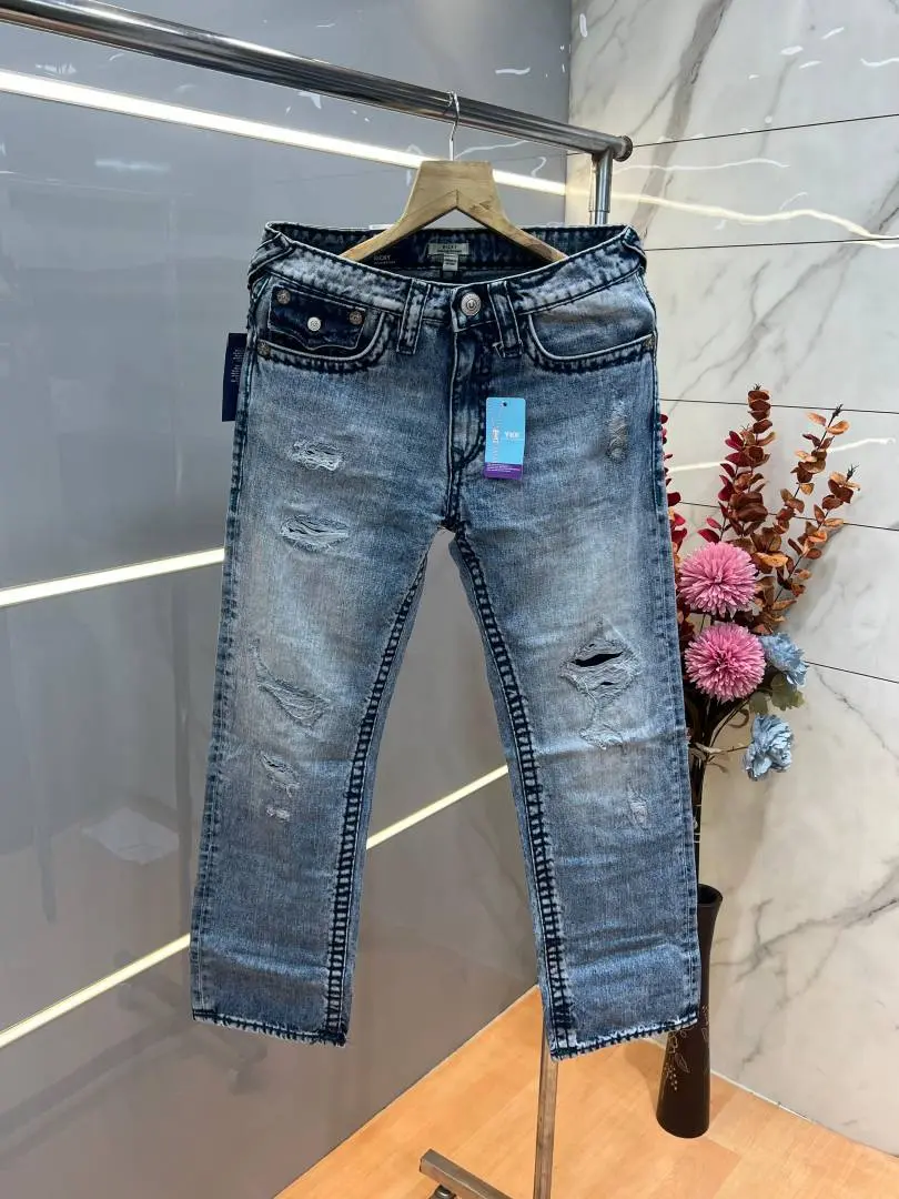 True Religion Light shade Straight fit Premium Imported Stretchable Lycra Fabric Denim with Back Pocket Embroidered Design 3950 - Image 2