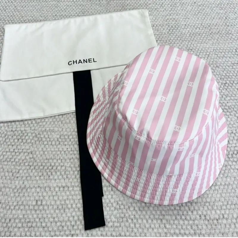 Chanel Pink White Stripes Premium Bucket Hat (With Safety Box) - Image 3