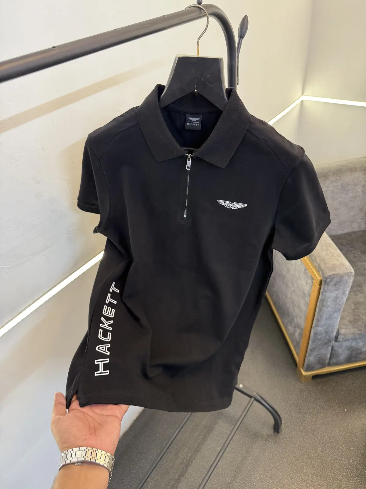 Hackett black imported polo tshirt with zip and cross brand name print sale - Image 2