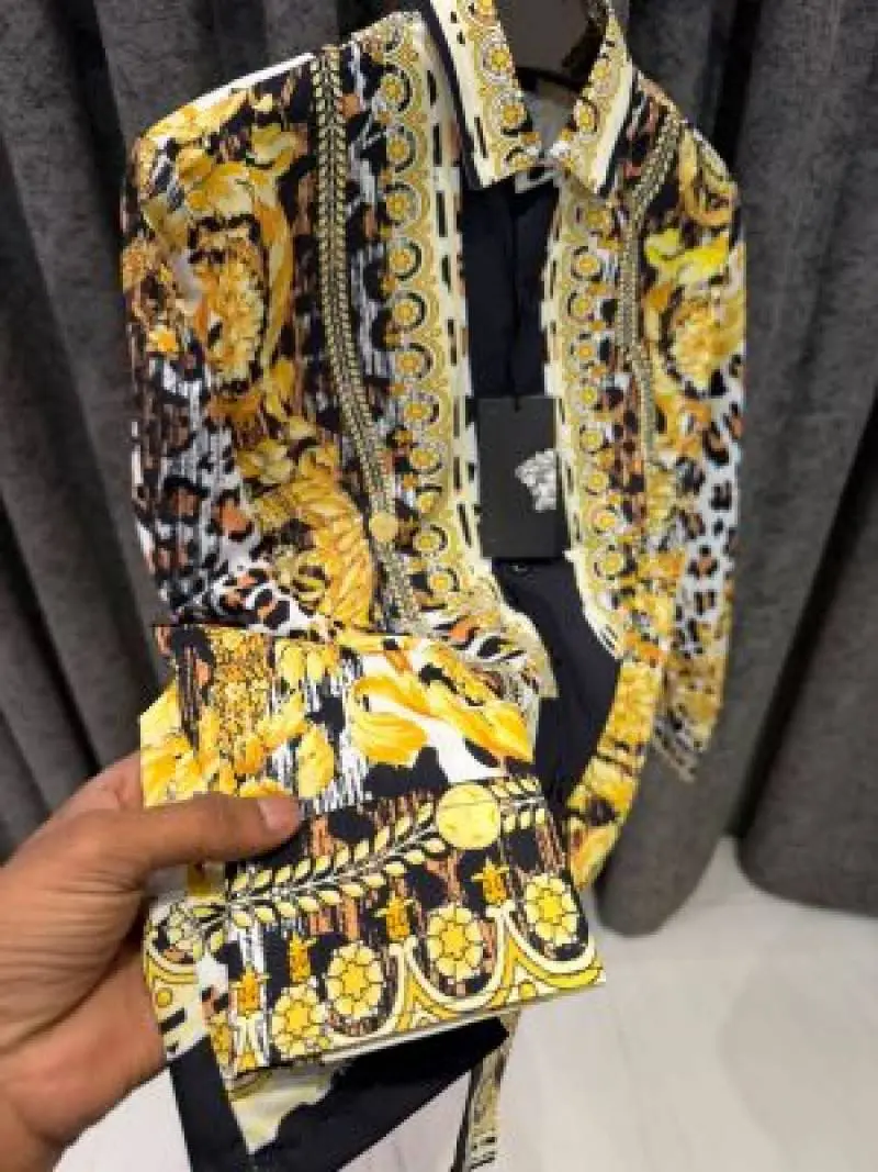 NO RETURN RAMZAN SPECIAL SALE VERSACEE BOROCCO SHIRT IMPORTED HALF SLEEVES GOLD WHITE - Image 4