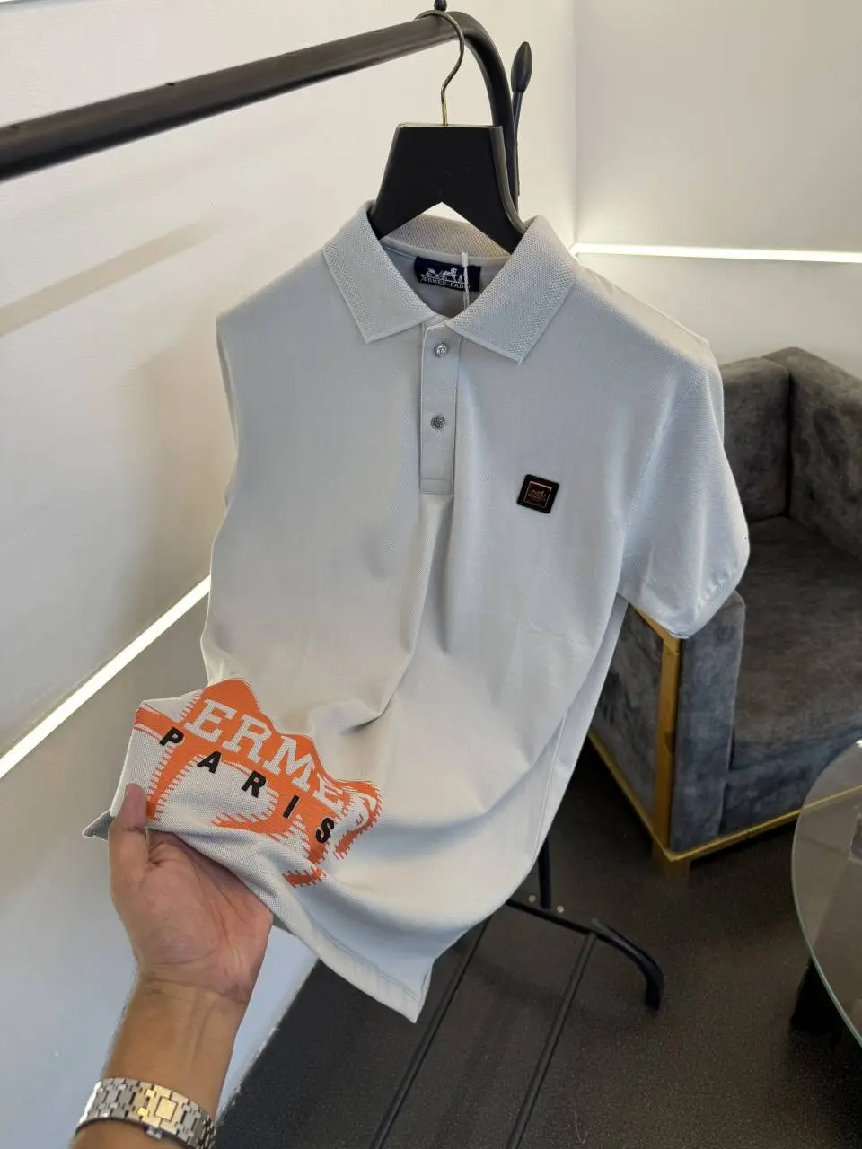 Hermes turkey imported polo tshirt with brand button steel logo and premium print grey sale - Image 2