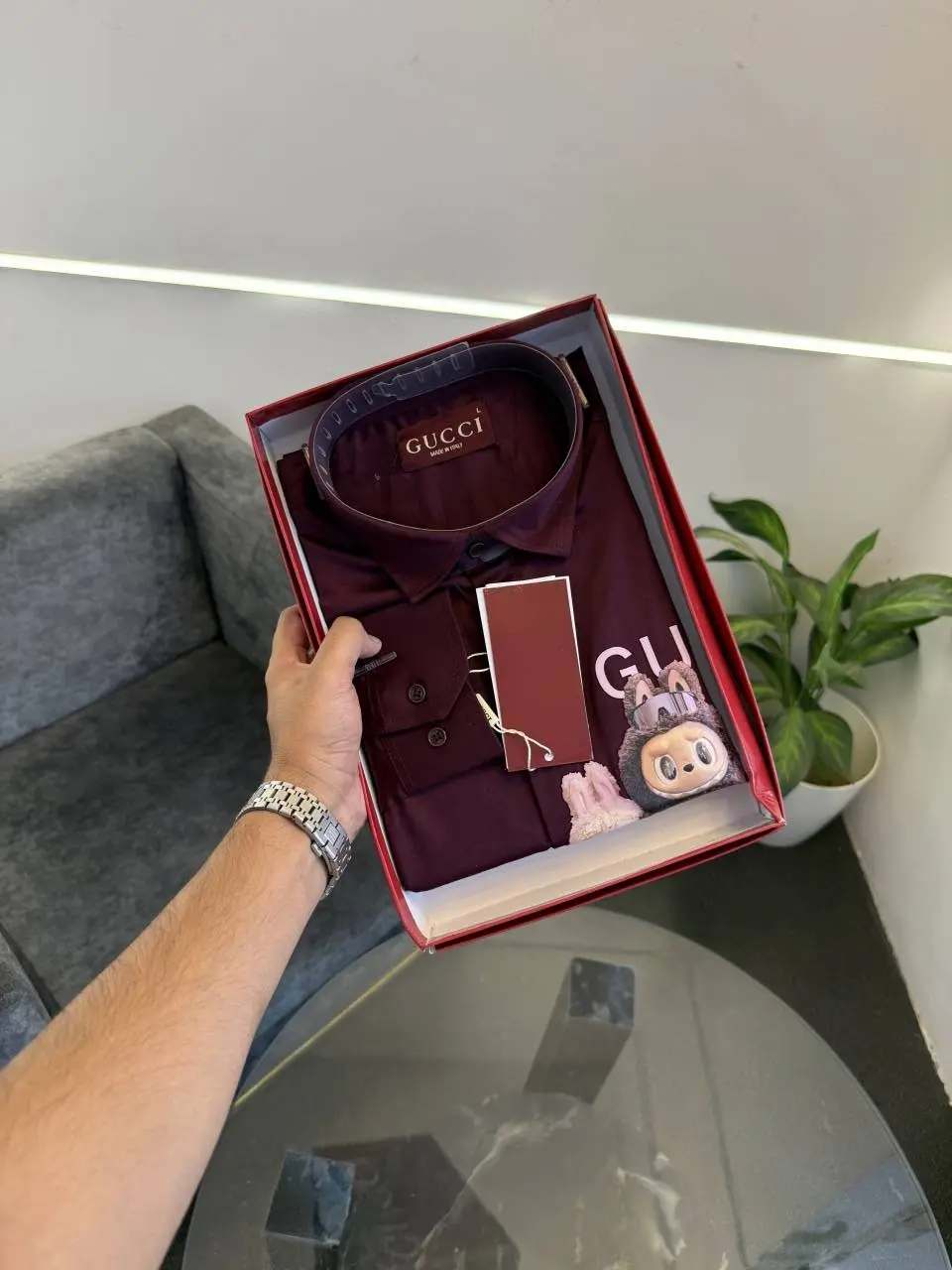 Gucci x labubu imported cotton satin shirt maroon - Image 3