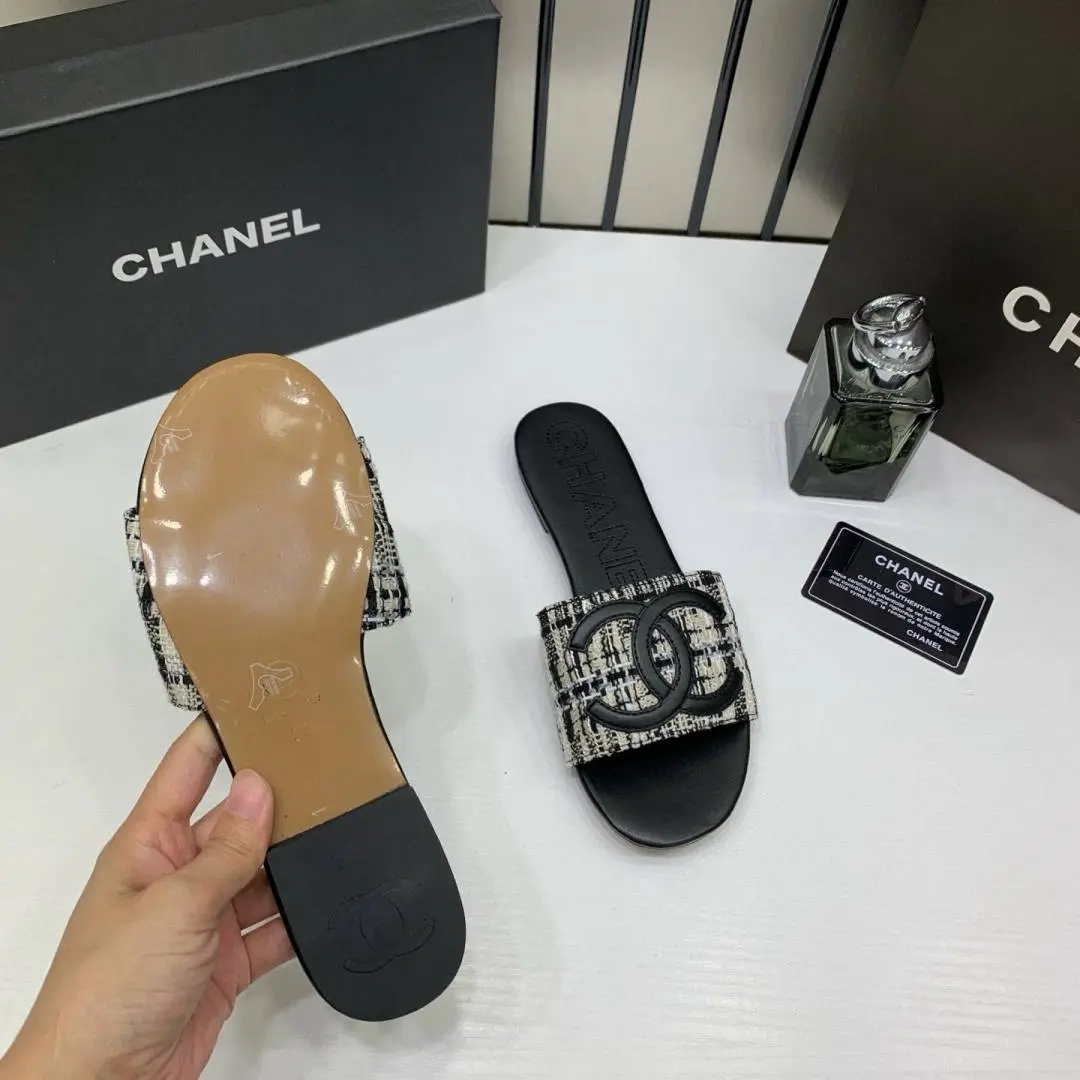 Chanel Tweed Fabric Slide Sandals With OG Box & Carry Bag Black CC Logo 1892 - Image 4