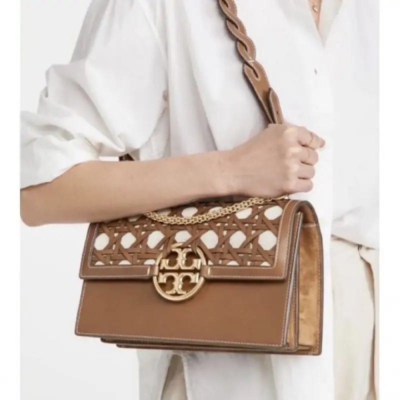Tori Burch Miller Basket Weave Premium Shoulder Bag With OG Box & Dust Bag (Brown - 498) - Image 7