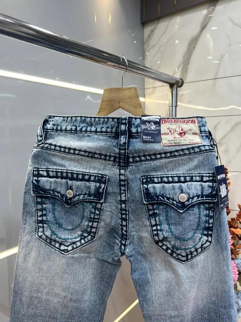 True Religion Light shade Straight fit Premium Imported Stretchable Lycra Fabric Denim with Back Pocket Embroidered Design 3950 - Image 4
