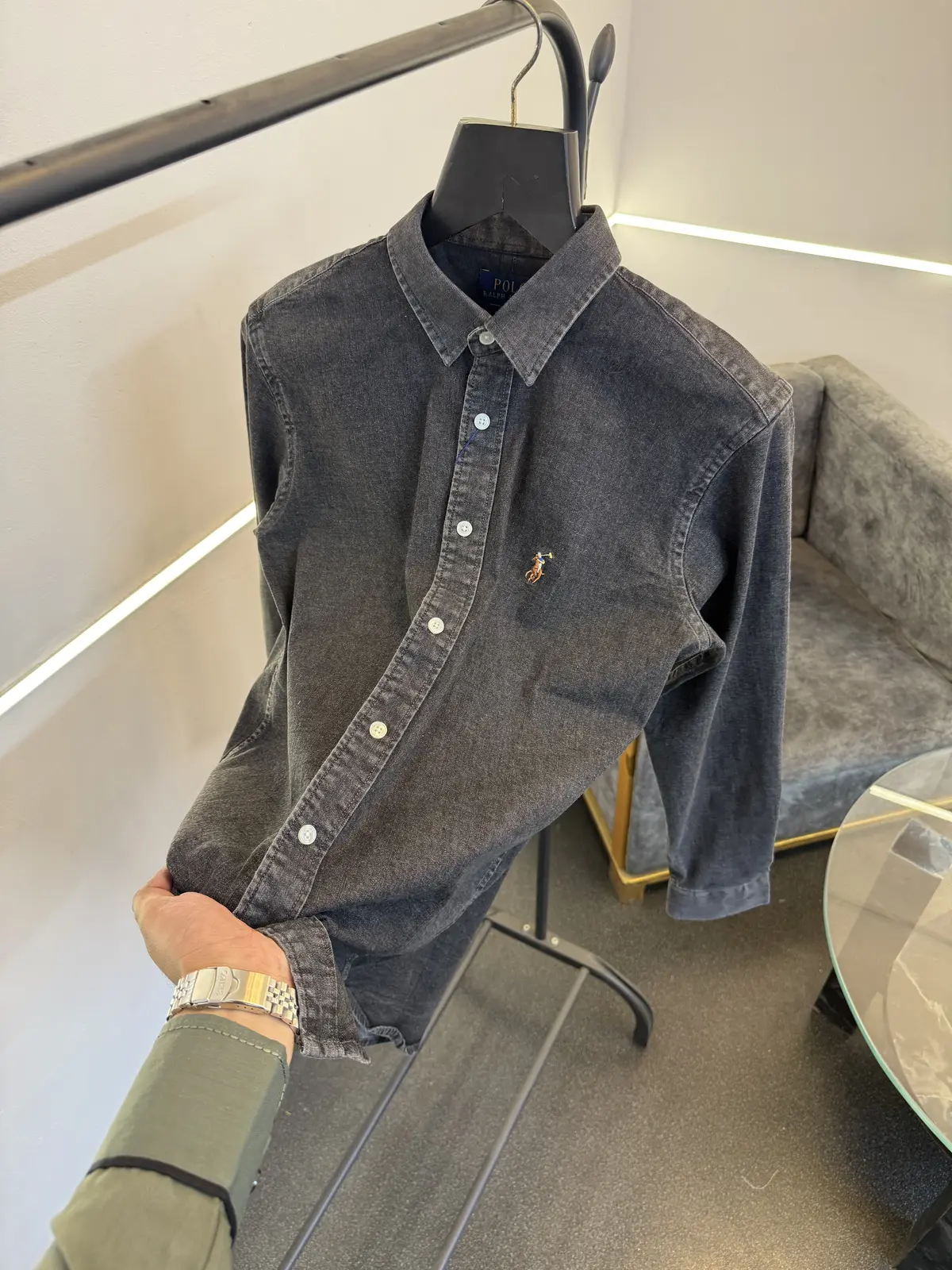 Ralph lauren carbon black imported denim shirt with embroidery logo on chest - Image 2