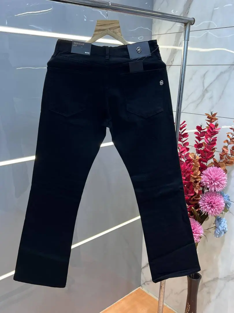 Boss Jet Black Premium Imported Stretchable Lycra Fabric Boot Cut Denim with Metal Logo Design 3375 - Image 2