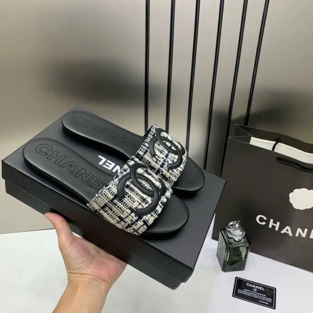 Chanel Tweed Fabric Slide Sandals With OG Box & Carry Bag Black CC Logo 1892 - Image 2