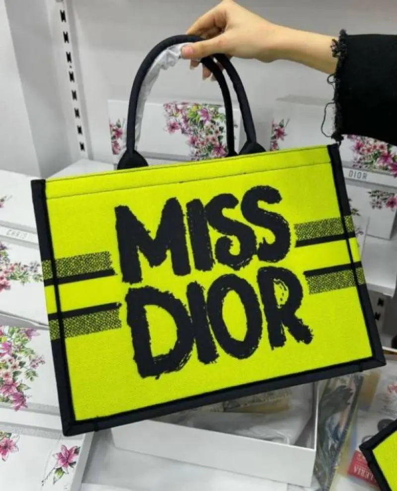 Miss Dioor Graffiti Book Large Tote With OG Box & Dust Bag & Scarf (Yellow Green - 1030) - Image 7
