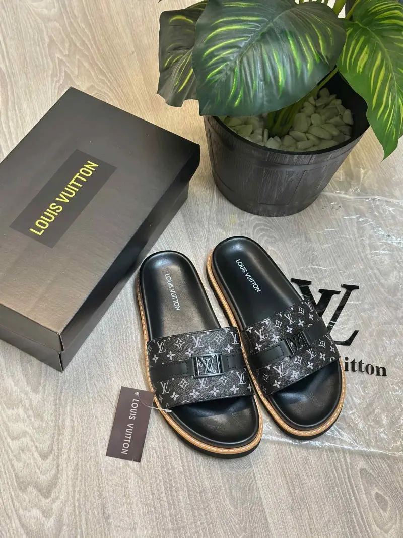 Louis Vuitton Monogram Leather Strap LV Logo Buckle Premium Black Slides - Image 2
