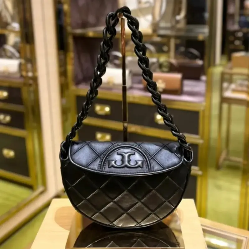 Tori Burch Fleming Crescent Premium Bag With OG Box & Dust Bag (All Black - 609)